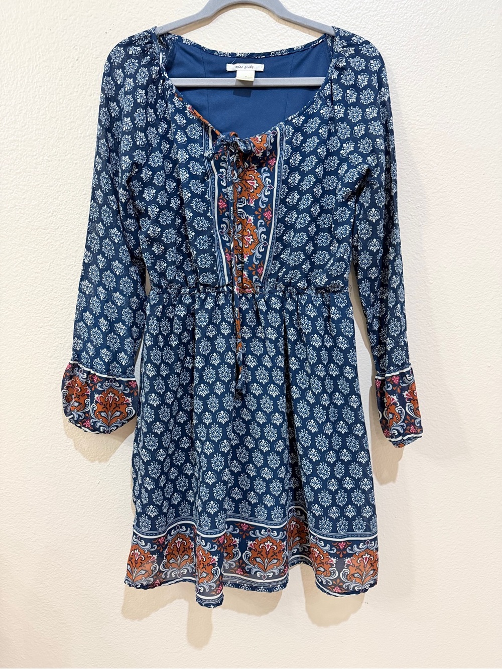 Miss Pinky Bohemian Long Sleeve Dress M Medium Navy Blue Orange Paisley Border
